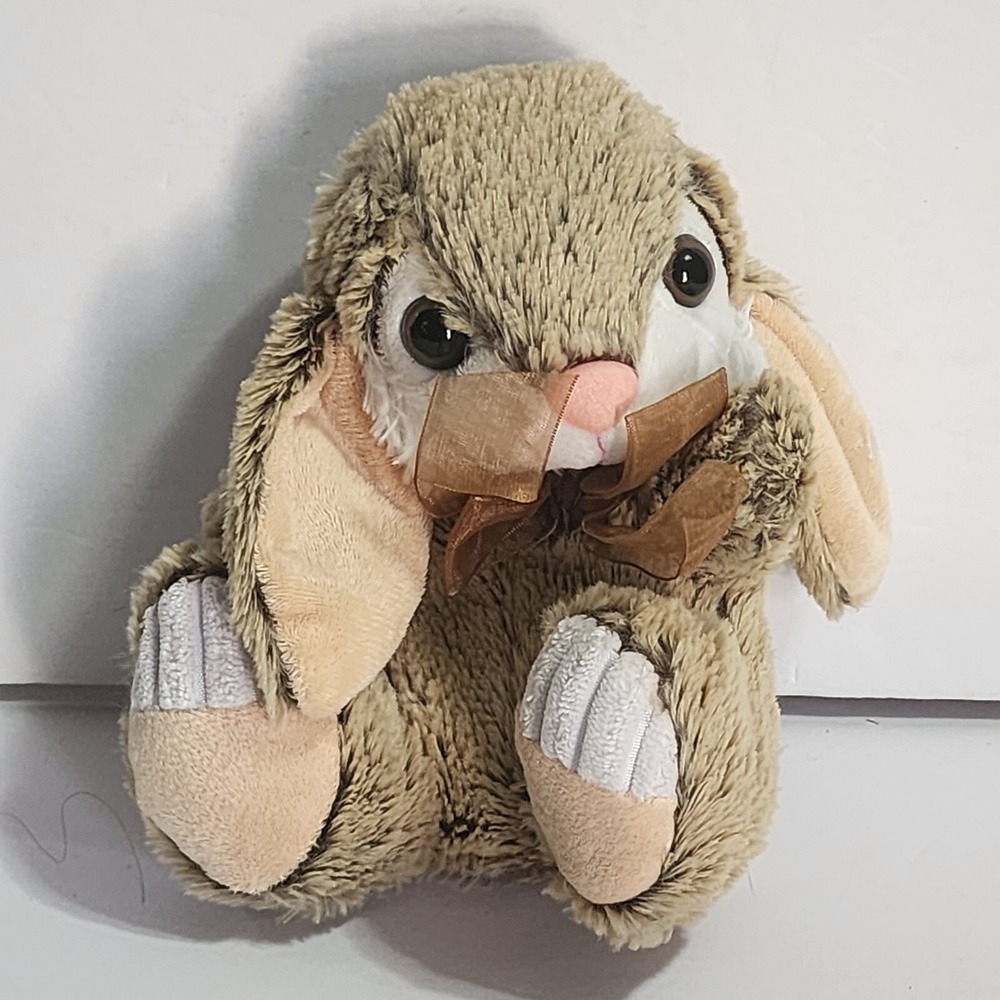 Tom's Toy Brown & White Bunny Rabbit Plush Sheer Ribbon Bow Small 7"